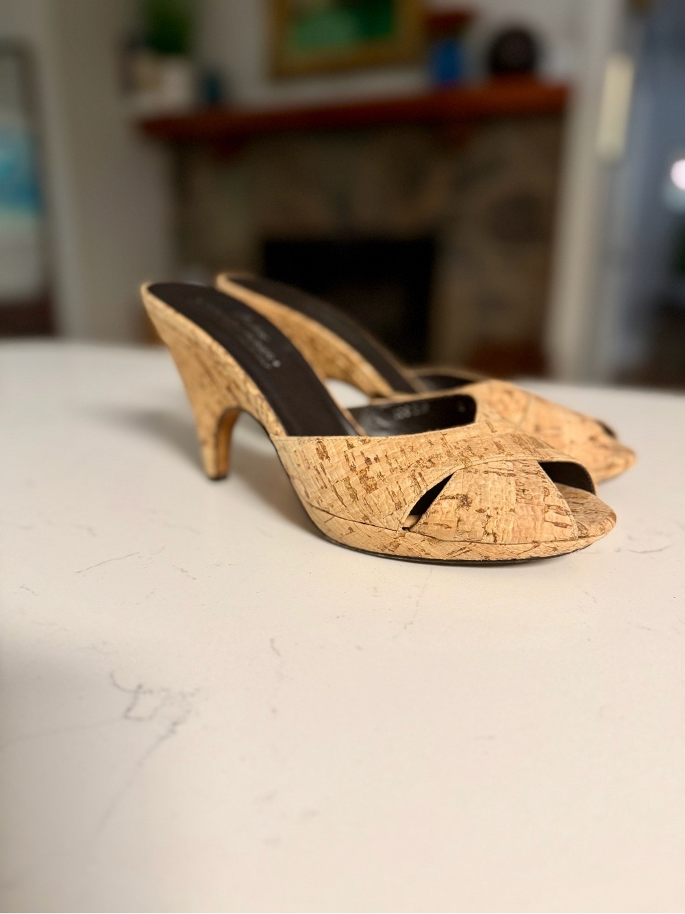 Donald J. Pliner Cork Peep-Toe Mule Heels - Natural